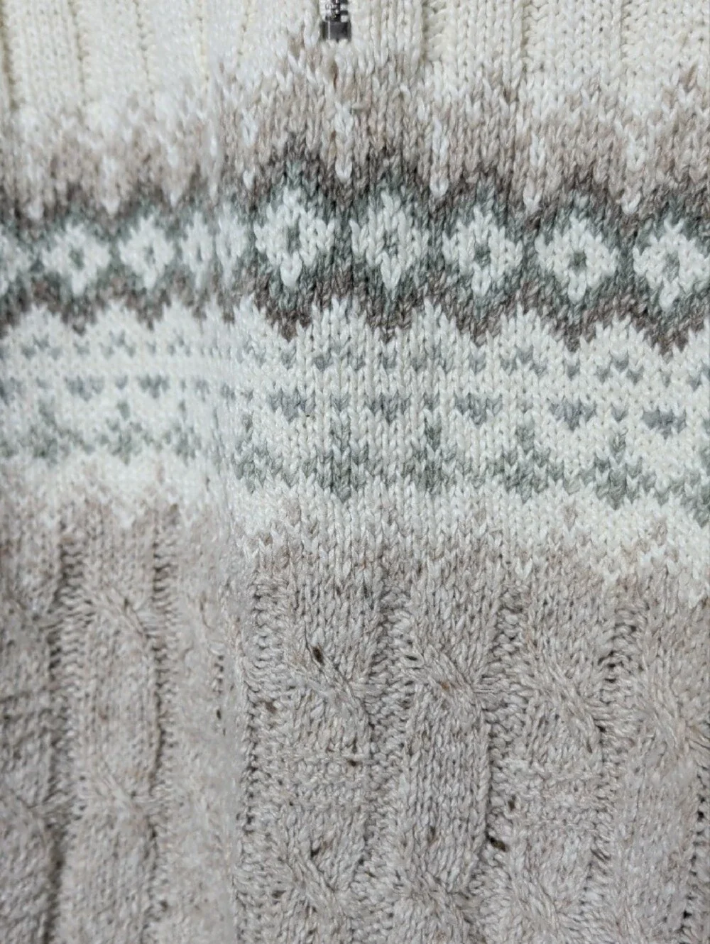 Women's Zip-Neck Sweater in Cream and Light Brown Cozy Cotton Plus Size